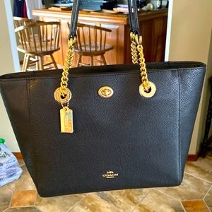 Coach Pebble Black and Gold Chain Tote